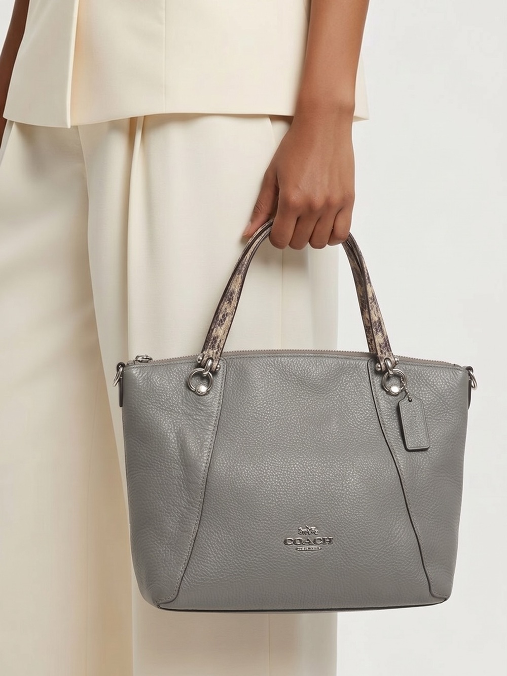COACH Pebbled Gray Leather Tote with Patterned Handles and crossbody strap